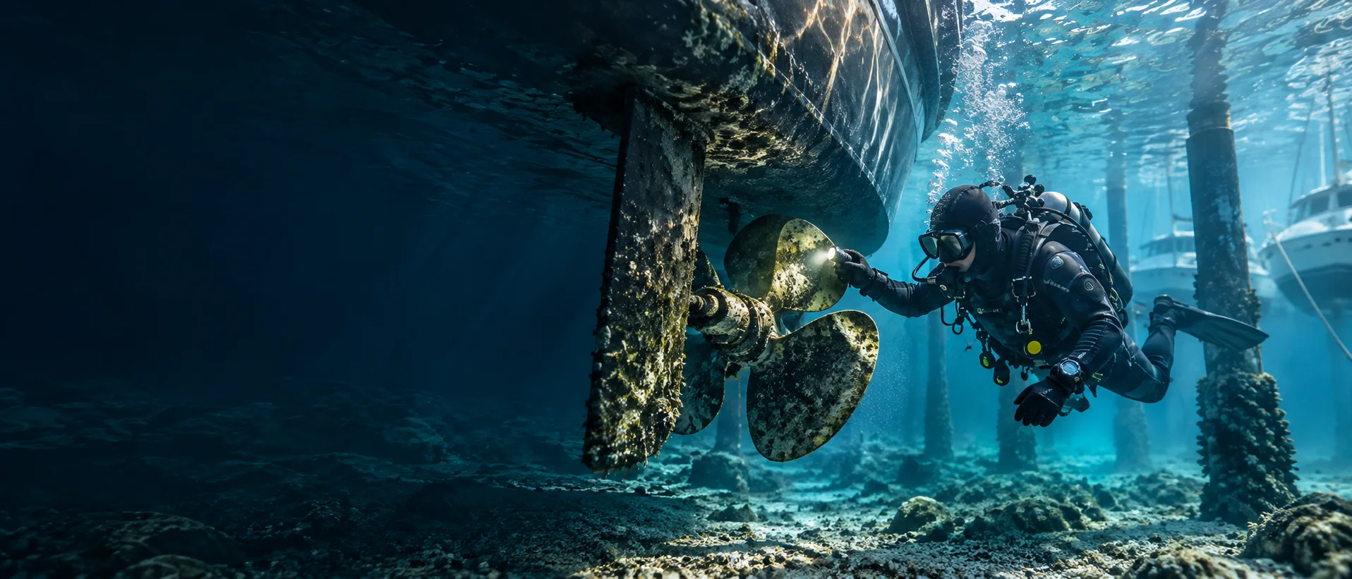 Taucher kontrolliert einen Bootspropeller unter Wasser