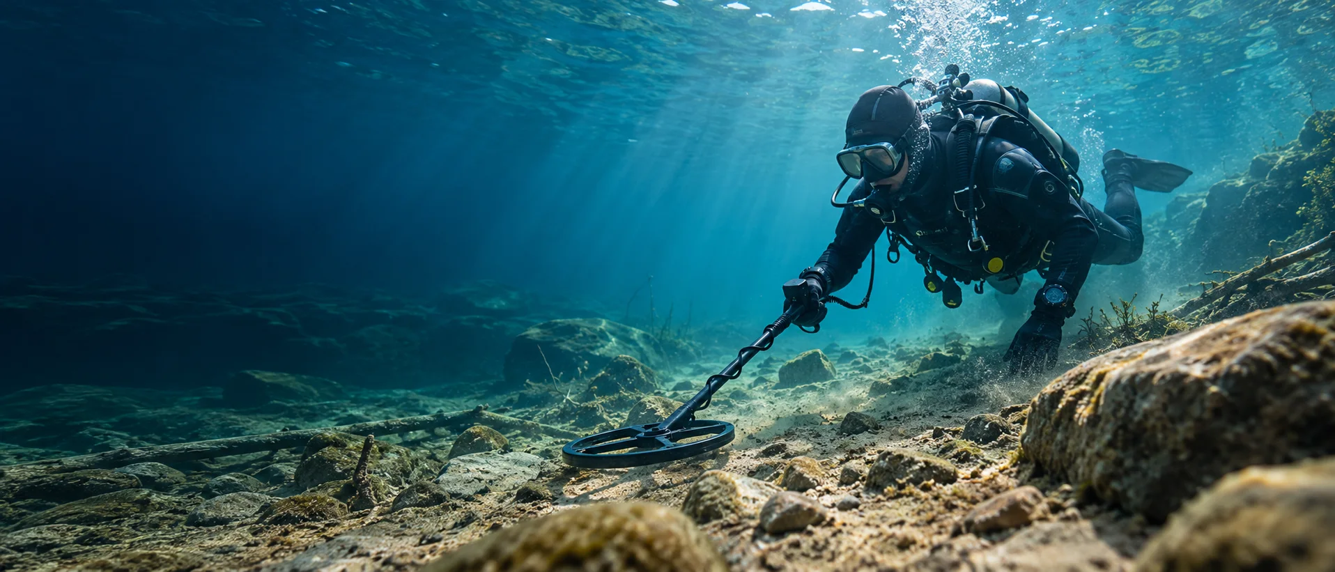Taucher sucht mit Unterwasser-Metalldetektor am Seegrund