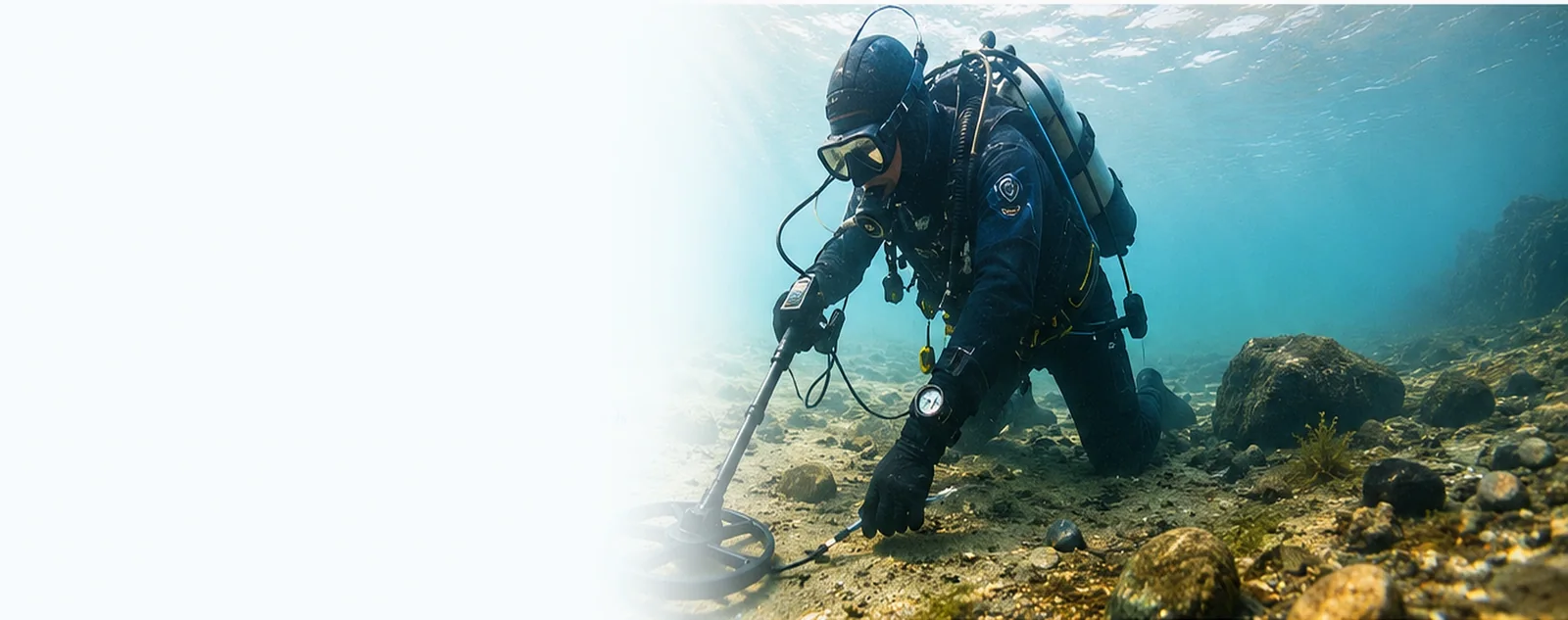 Taucher bei einer Unterwassersuche mit Metalldetektor